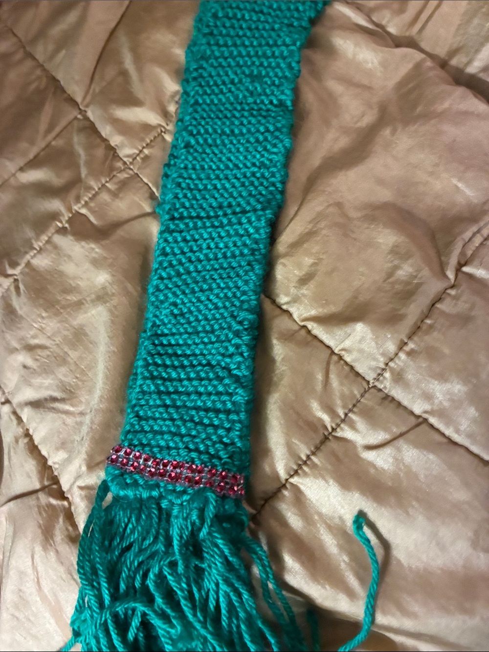 Teal Knit Fringe Scarf with Pink Beaded Accent